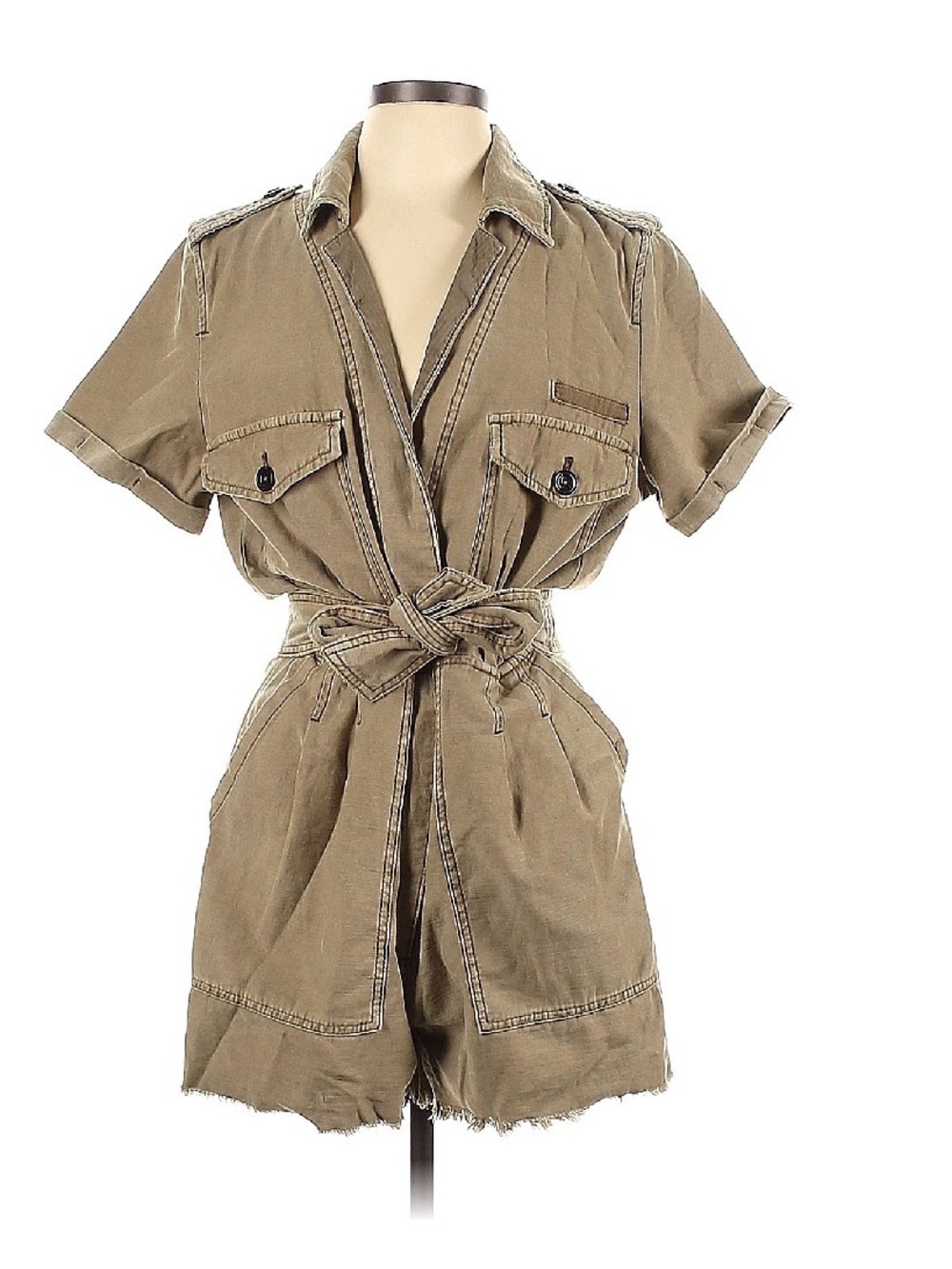 Free People Olive Utility Short-Sleeve Belted Romper